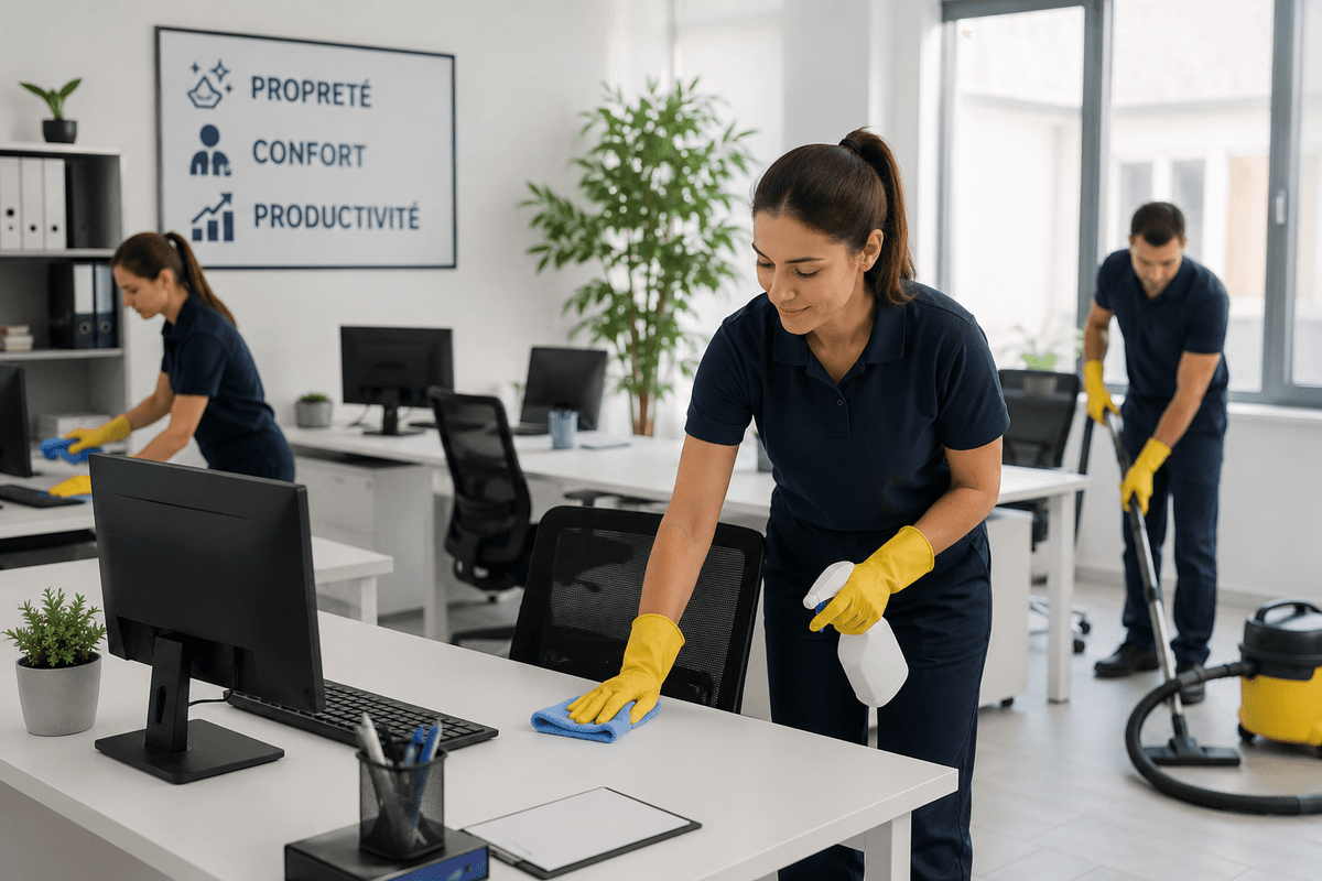 Équipe de nettoyage professionnel en intervention dans des bureaux